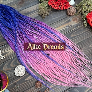 Set of synthetic dreads dark purple, blue to magenta pink ombre double single ended dreadlocks with puffy braids extensions wrapped accents