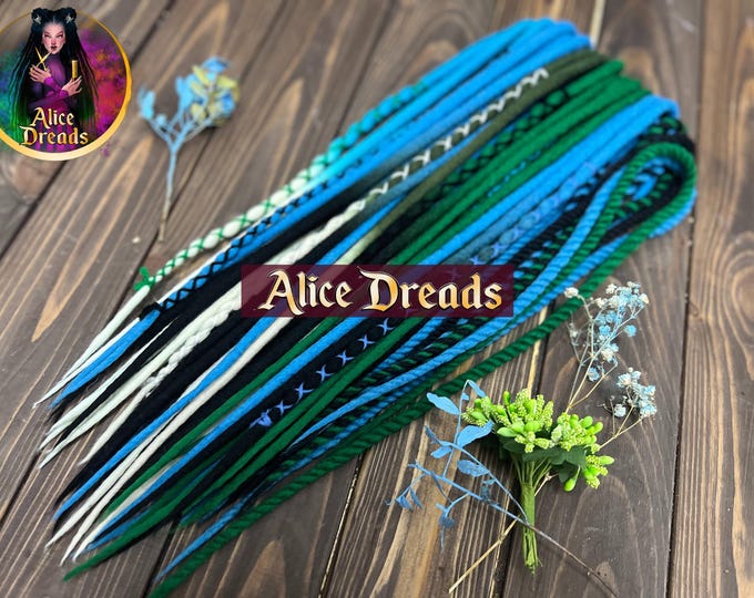 Wool dreads black blue green white ombre double or single ended felt dreadlocks