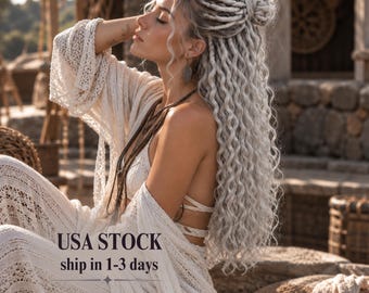 Silver Gray Curly Synthetic Dreads, Wavy Dreadlock Extensions Double Ended