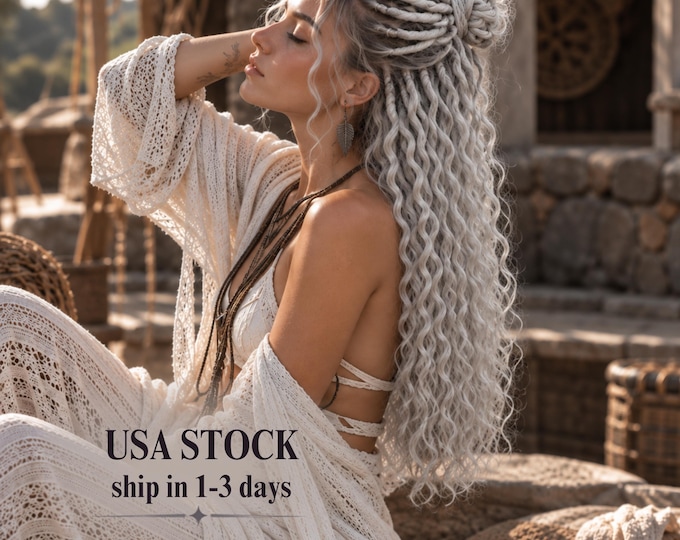 Silver Gray Curly Synthetic Dreads, Wavy Dreadlock Extensions Double Ended