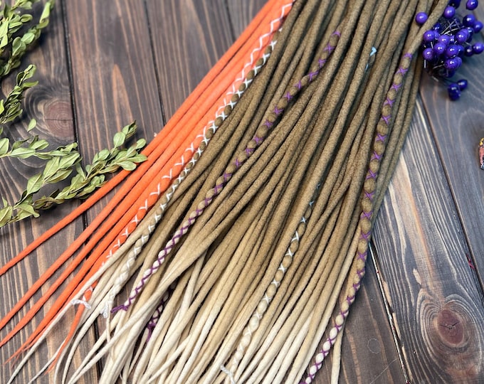 Ombre Wool Dreads, Peach Hair, Light Brown, White Ends, Wrapped Accents
