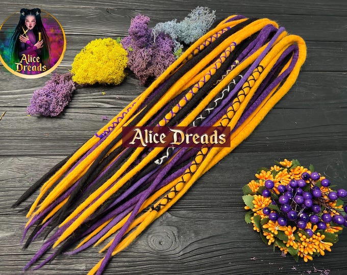 Wool Dreads Set: Purple, Dark Yellow & Black Hair Extensions