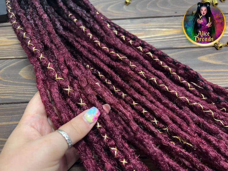 Crochet Synthetic Double Ended Dreads: Black to Burgundy Ombre with Gold accents image 4