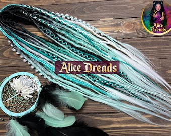 Crochet Synthetic Dreadlock Extensions: Black, Mint, Turquoise, green Ombre with Braids wrapped accents