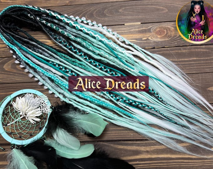 Crochet Synthetic Dreadlock Extensions: Black, Mint, Turquoise, green Ombre with Braids wrapped accents