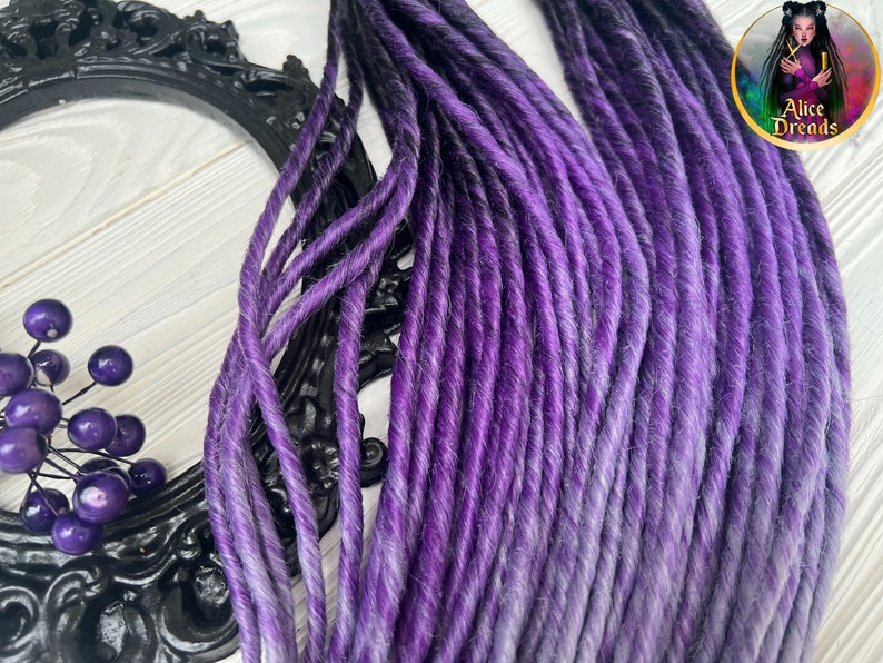 Set of thin synthetic dreads black to purple to light grey gray twisted hair extensions image 2