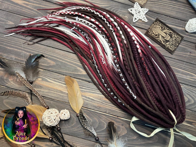 Wool Dreads Extensions: Brown Burgundy White Ombre Braids with wrapped accents image 9