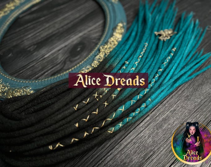 Wool dreads Midnight black ombre to dark cyan dreadlocks with gold wrapped accents