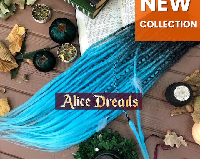 Crochet Synthetic Dreadlocks: Black to Sky Blue Ombre Hair Extensions with wrapped accents