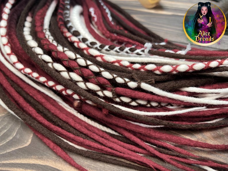 Wool Dreads Extensions: Brown Burgundy White Ombre Braids with wrapped accents image 8