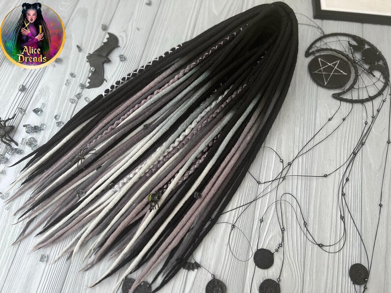 Wool dreads in shades of gray and black ombre dreadlocks with wrapped accents image 4