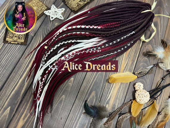 Wool Dreads Extensions: Brown Burgundy White Ombre Braids with wrapped accents