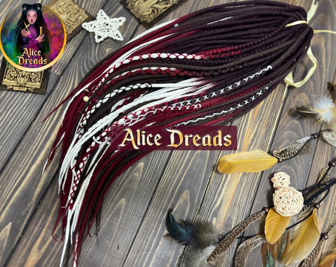Wool Dreads Extensions: Brown Burgundy White Ombre Braids with wrapped accents