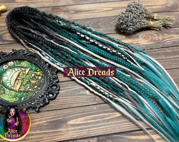 Ombre Crochet Synthetic Dreads: Black to Emerald, Grey, Petrol Green, platinum gray