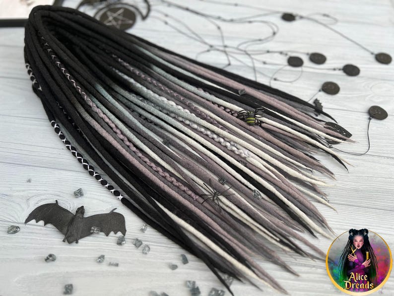 Wool dreads in shades of gray and black ombre dreadlocks with wrapped accents image 6