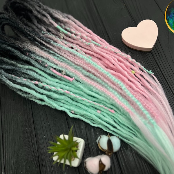 Dreadlock extensions set of Black to Pink Mint ombre crochet made synthetic dreads Marshmallow braids with FREE random pendant decoration