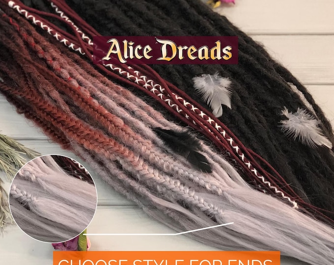 Synthetic Double Ended Dreads, Burgundy Black Grey Ombre Faux Locs Hair Extensions