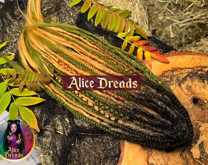 Crocheted Synthetic Dreadlock Set, Custom Double or Single Dreads, Green Pumpkin Accent