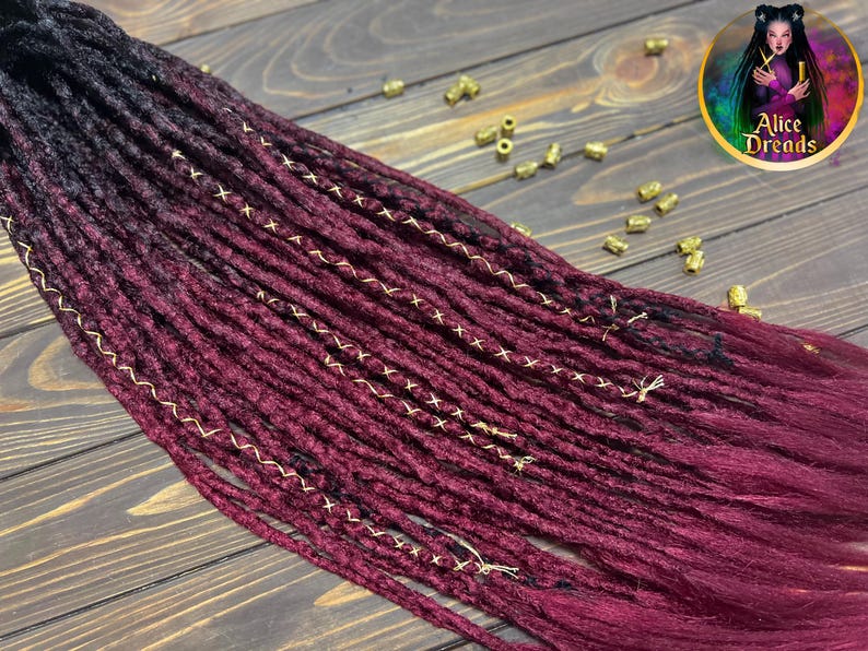 Crochet Synthetic Double Ended Dreads: Black to Burgundy Ombre with Gold accents image 5