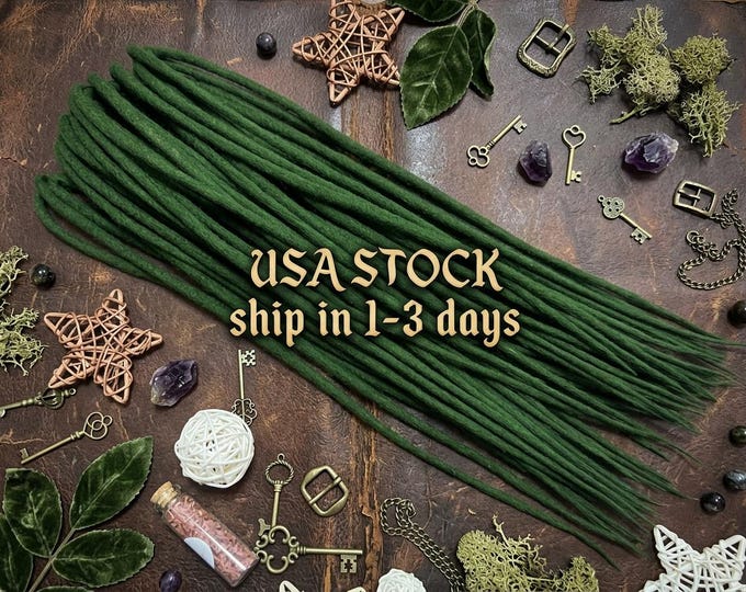 20 DE Hunter Green Wool Dread Extensions, Deep Forest Green Boho Locs (45-50 cm)