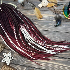 Wool Dreads Extensions: Brown Burgundy White Ombre Braids with wrapped accents image 6