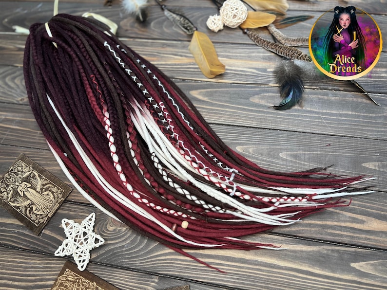 Wool Dreads Extensions: Brown Burgundy White Ombre Braids with wrapped accents image 6