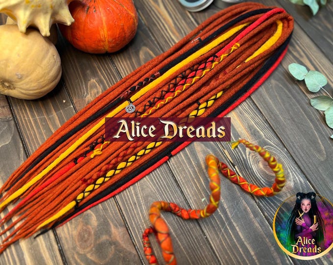 Pumpkin Spice Wool Dreads: Autumn Vibe yellow, red, ginger, orange DE Accents with Charms