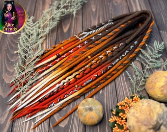 Set of Wool Dread Extensions "Autumn fall" Bohemian Dreads Halloween dreadlocks for costume brown orange pumpkin with twists wrapped accents