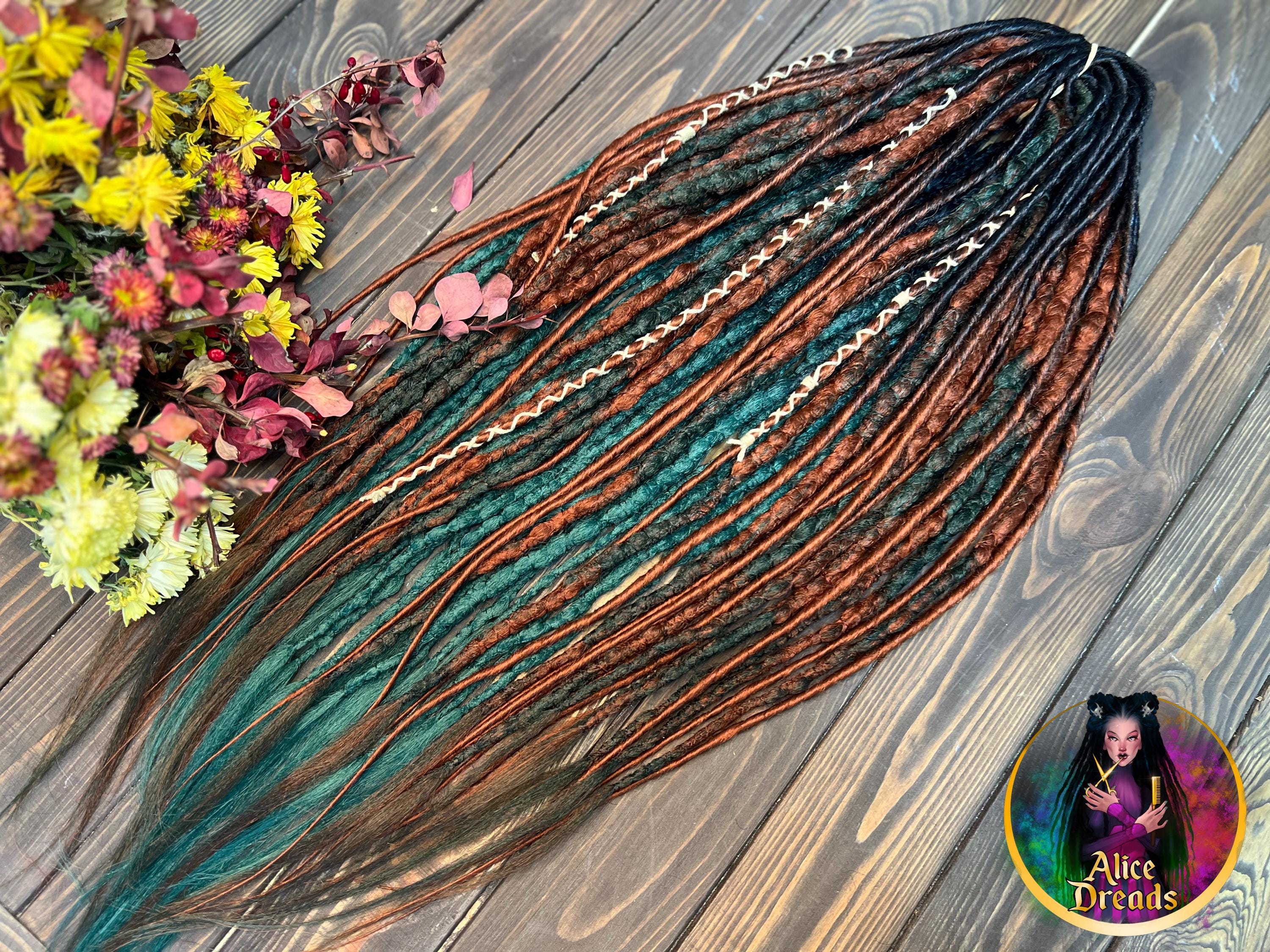 Crochet made synthetic dreads black to emerald green and terracotta brown with wrapped accents, ombre dreadlocks