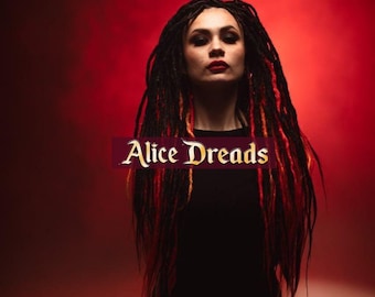 Crochet Dreadlock Extensions: "Fire" Black to Red Orange Yellow Synthetic Dreads with Braids