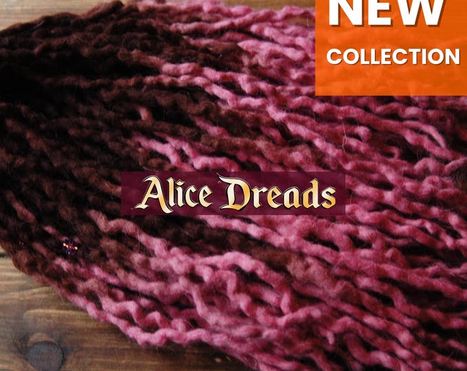 Curly Wool Dreadlock Extensions: Ombre Dark Brown to Pink, Wavy DE/SE Dreads