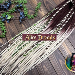 Wool dreads dark brown to blonde ombre double single ended dreadlocks DE accents Viking style with braids and twists boho locks with green