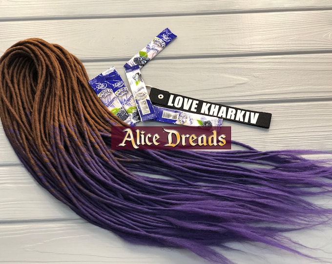 Brown & Purple Synthetic Dreads: Thin Hair Extensions with Loose Tips