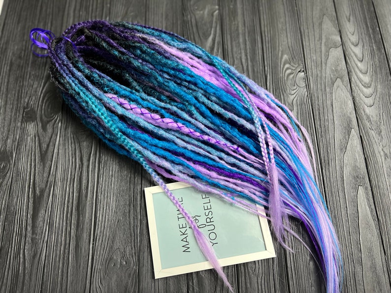 Synthetic dreadlock extensions black to lavender and black to azur and dark purple to turquoise to lavender colors 25.6 inches by Alice Dreads