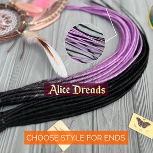 May include: Black and lavender ombre synthetic dreadlocks with a close-up of the hair texture. The text "Alice Dreads" and "Choose Style for Ends" is visible in the image.