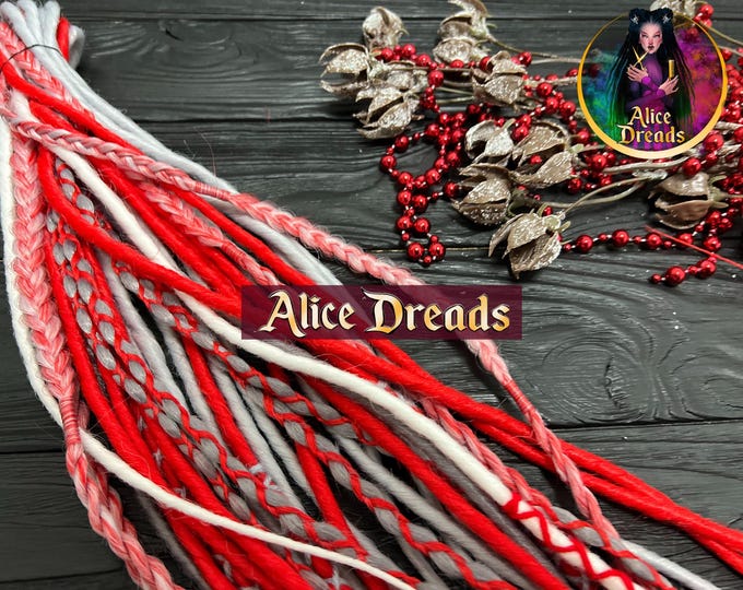 Thin Synthetic Dreads "Frosty Berries": Red, Platinum Grey, and White Extensions
