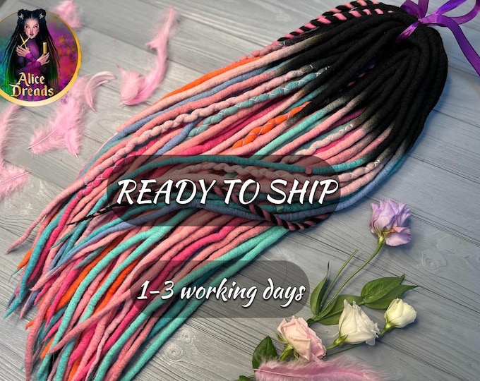 Pastel Ombre Wool Dreads: Lollipop Style, Black to Rainbow Gradient (60 SE, 45-50cm)