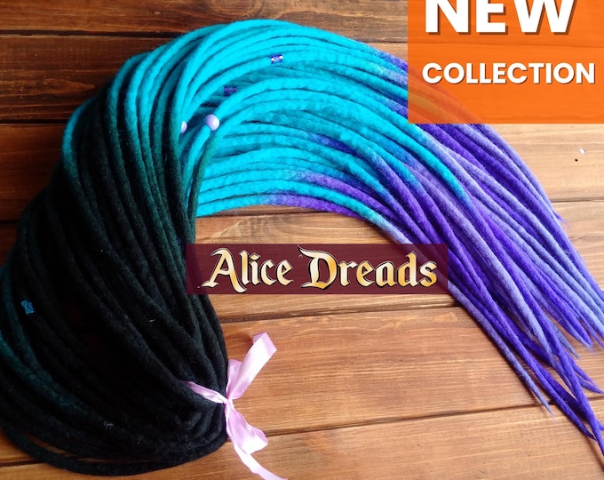 Wool Dreadlock Extensions "Mermaid": Black, Blue, Purple, Turquoise, violet dreads with Beads