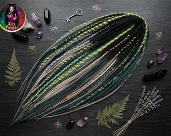 Black to Teal, Gray, Yellow Wool Dreads Set, Merino Dreadlock Extensions