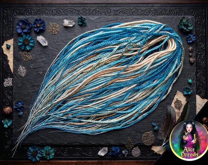 Thin Twisted Synthetic Dreads: Blonde, Aqu, Azure Blue Color Mix, Smooth Locs