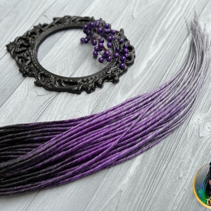 Set of thin synthetic dreads black to purple to light grey gray twisted hair extensions image 7