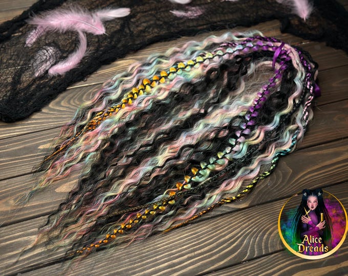 Curly Black Prismatic Pastel Rainbow Synthetic Dreadlocks: Unicorn Wavy Hair Extensions Braids