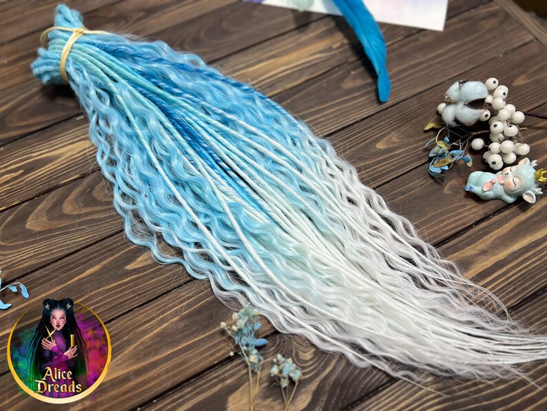 Aqua Blue to White Curly Dreads: Wavy Synthetic Hair Extensions Twisted ...