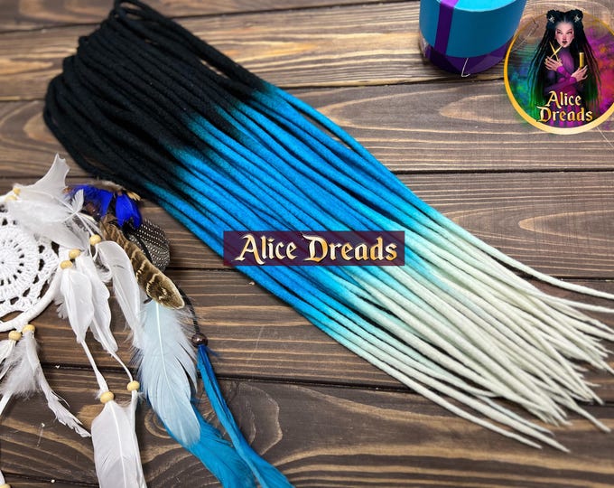 Ombre Wool Dreads: Black to Aqua Blue to White, Double Ended azure dreadlocks
