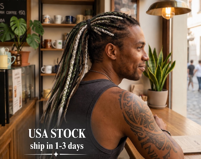15 SE Accent Dreads Set, Dark Brown to Silver Gray and Green Synthetic Dreadlock