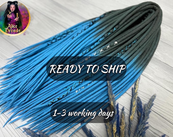 45 DE Wool Dreadlock Extensions, Ombre Gray to Blue, Double Ended, 50cm