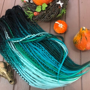 Set of natural look synthetic double ended dreads accent dreads custom dreadlocks black green teal mint wrapped Mermaid Tail Braid hair