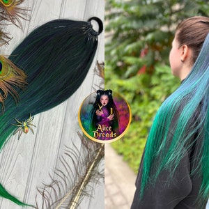 Fake Ponytail Hair Extensions Black teal green ombre on elastic band, Hair falls, Dance Festival decoration hair