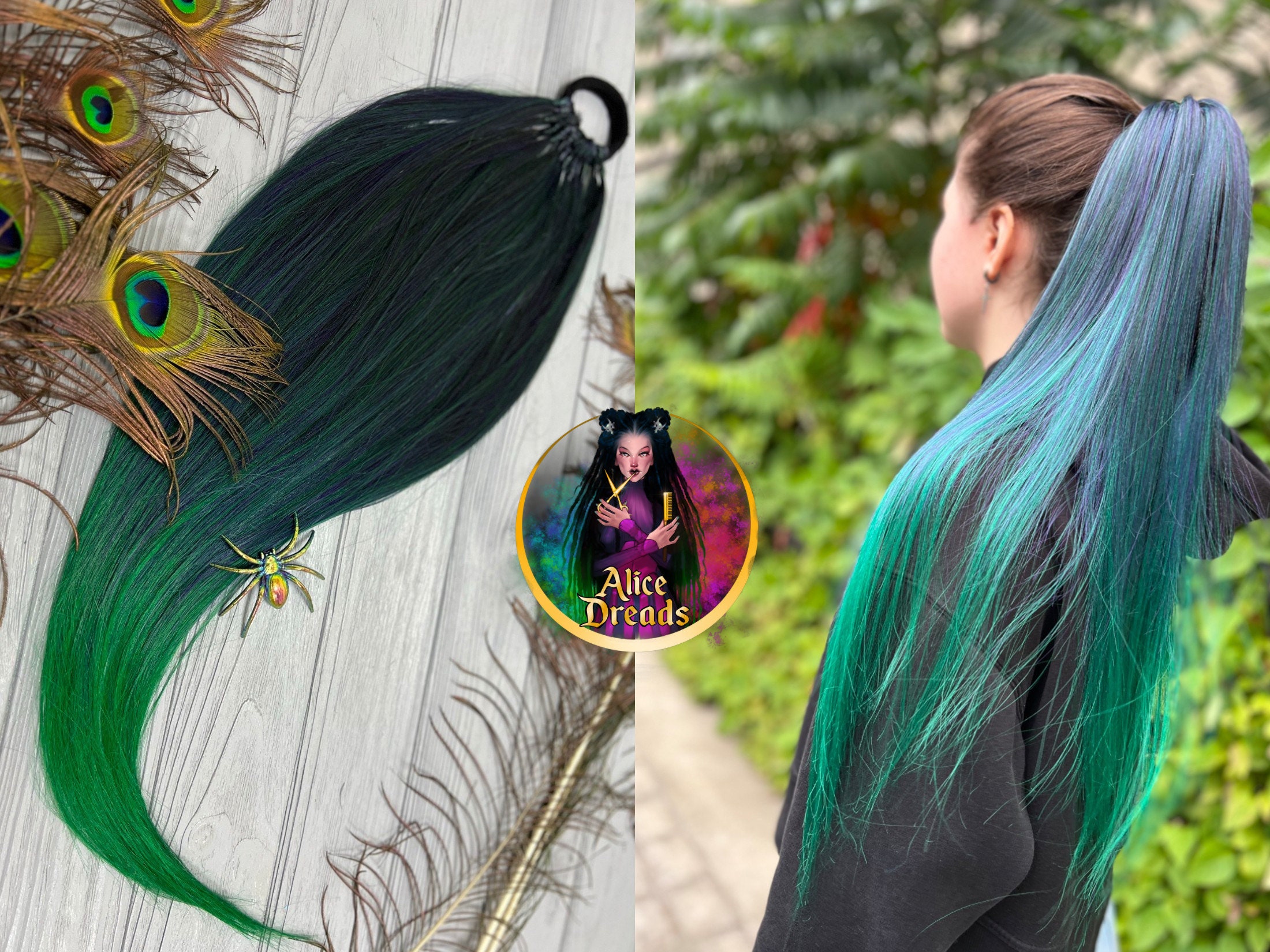Fake Ponytail Hair Extensions Black Teal Green Ombre on Elastic Band Hair Falls Dance Festival Decoration Hair Etsy