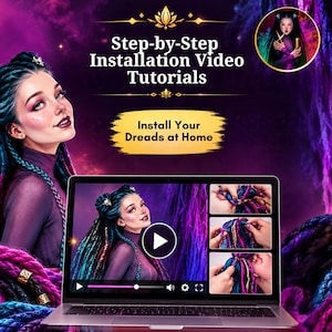 May include: A laptop displaying a video tutorial on installing dreadlocks. The screen shows a person with blue and purple braided hair and three smaller panels demonstrating the braiding process. Text reads Step-by-Step Installation Video Tutorials.